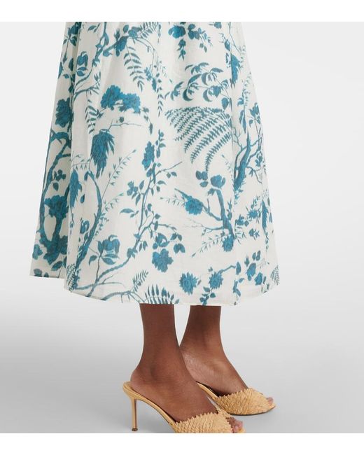 Erdem Blue Floral Cotton And Linen Midi Skirt