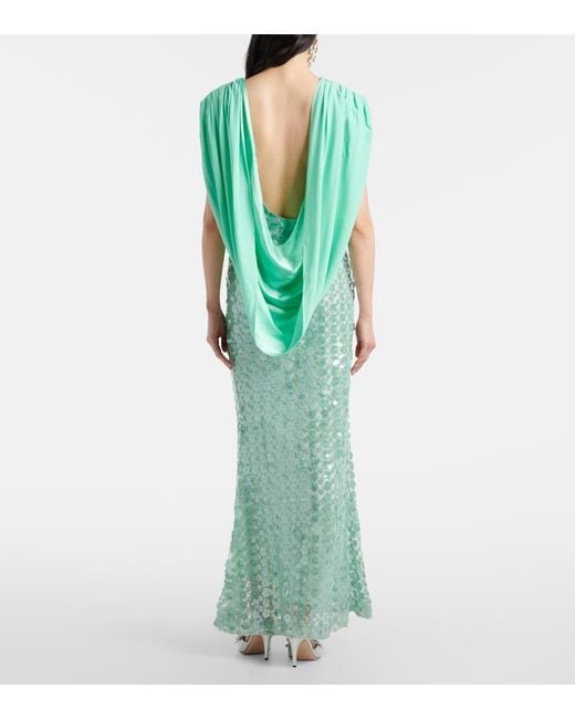 La Fuori Green Sequined Caped Open-Back Gown