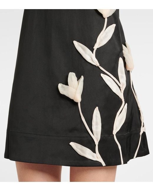 Staud Black Ilana Floral-Applique Satin Minidress