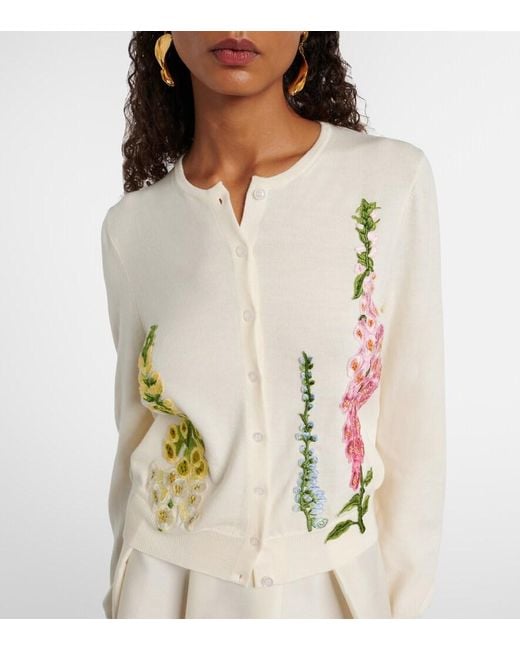 Oscar de la Renta White Foxgloves Embroidered Virgin Wool Cardigan