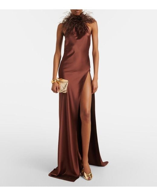 The New Arrivals Ilkyaz Ozel Purple Jazzy Embellished Feather-Trimmed Gown