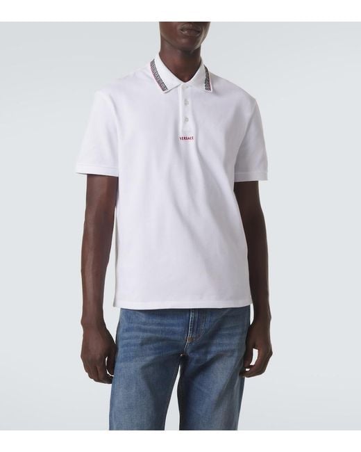 Versace White Greca Cotton Pique Polo Shirt for men