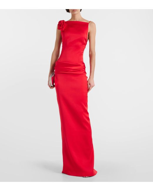 Rasario Red Floral-applique Open-back Satin Gown