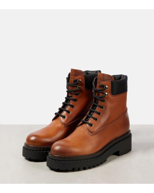 Prada Brown Schnuerstiefel Aus Re-Nylon Und Leder