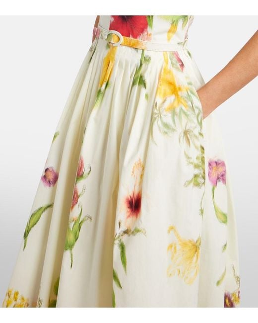 Oscar de la Renta White Belted Floral Cotton-Blend Poplin Midi Dress