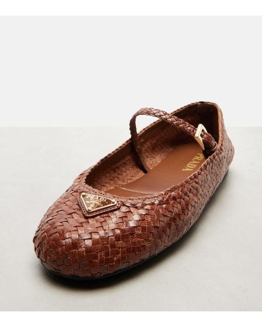 Prada Brown Woven Leather Mary Jane Flats