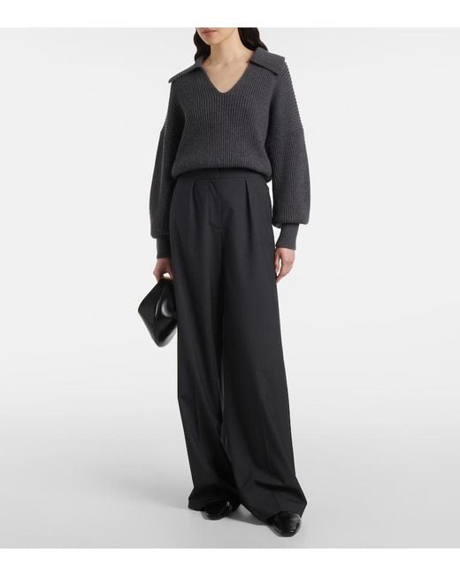 Joseph Black Ribbed-Knit Wool-Blend Polo Sweater