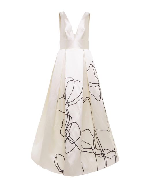 Costarellos White Priela Floral-print Satin Gown