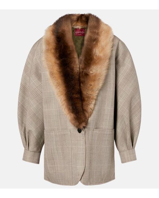 Gucci Brown Checked Shearling-Trimmed Wool Jacket
