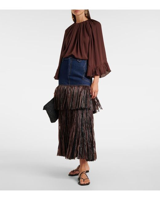 Gonna Lunga Di Jeans Con Frange di Johanna Ortiz in Blue