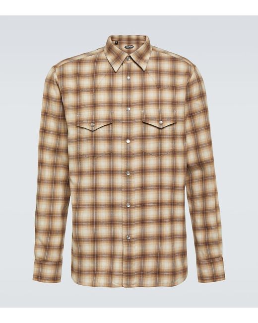 Tom Ford Brown Checked Cotton Blend Oxford Shirt for men