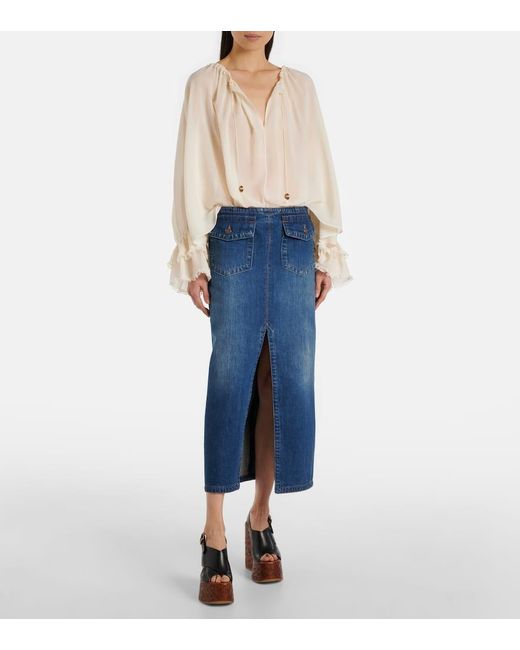 Blusa De Georgette De Seda Con Volantes Chloé de color Natural