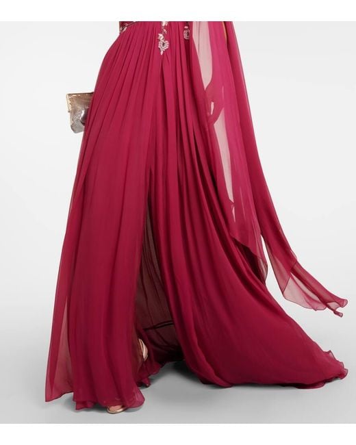 Costarellos One-Shoulder Embroidered Silk Gown