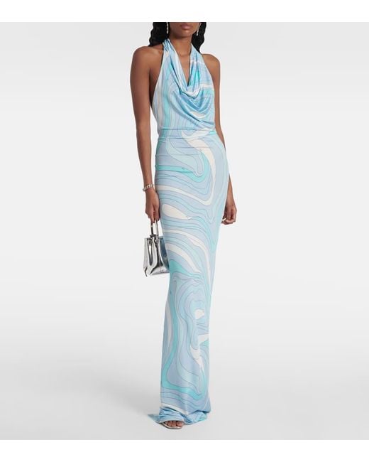 Emilio Pucci Blue Marmo Halterneck Satin Jersey Maxi Dress