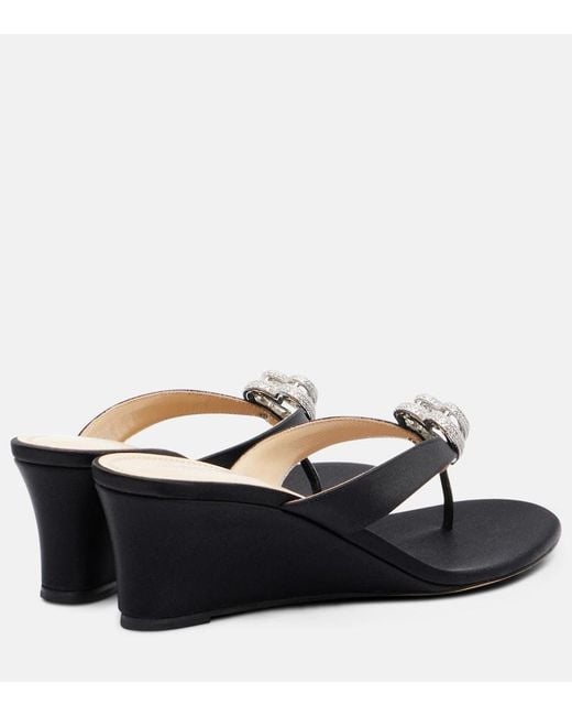 Mach & Mach Black Double Heart Satin Wedge Thong Sandals