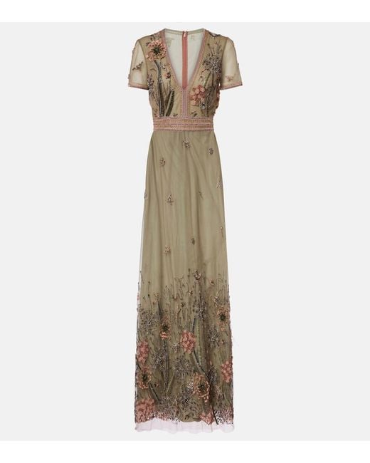 Costarellos Natural Floral Embellished Gown