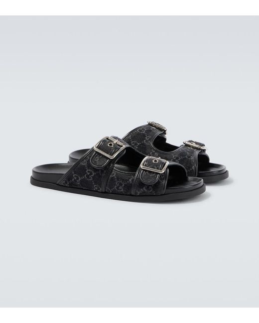 Gucci Black Gg Leather-Trimmed Canvas Slides for men
