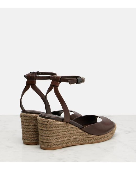 Brunello Cucinelli Brown Bead-Embellished Leather Wedge Espadrilles