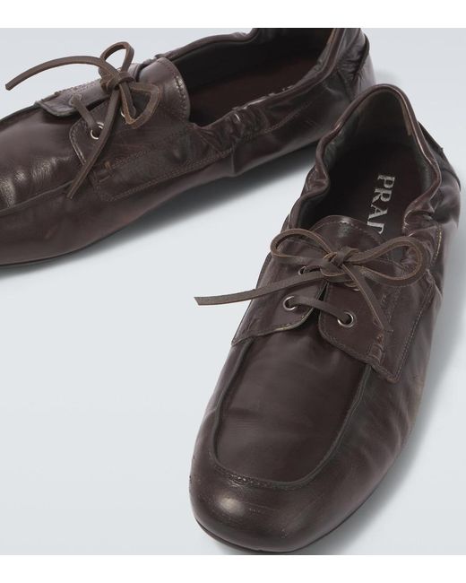Prada Brown Shuffle Leather Boat Shoes for men