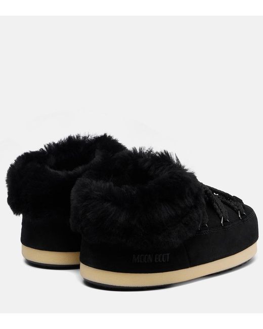 Moon Boot Black Evx Shearling-Trimmed Suede Mules