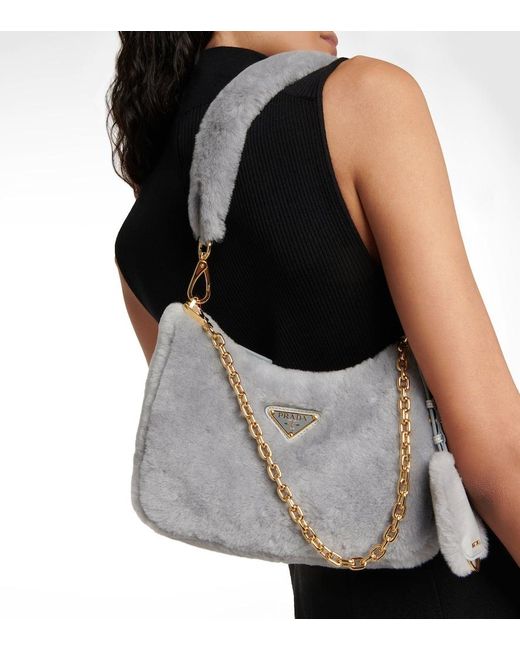Prada Gray Re-Edition 2005 Shearling Shoulder Bag