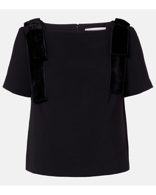 Carolina Herrera Black Bow-Detail Velvet-Trimmed Crepe Top