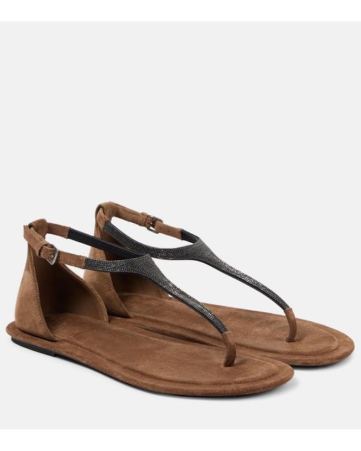 Brunello Cucinelli Brown Monili Suede Thong Sandals