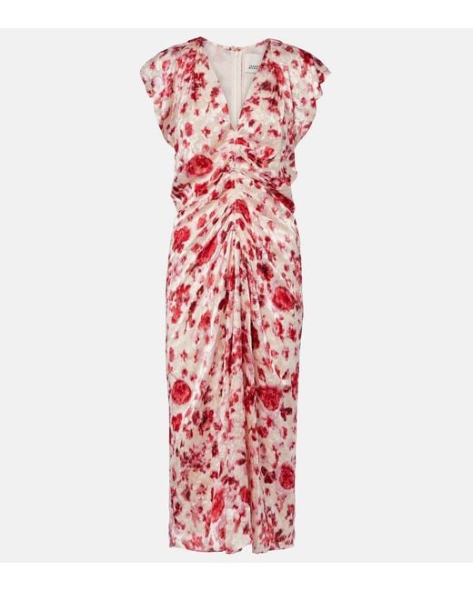 Isabel Marant Red Lindsay Floral Ruched Jacquard Midi Dress