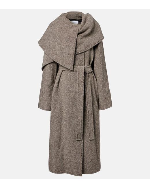 Ferragamo Natural Herringbone Wool And Cotton Wrap Coat