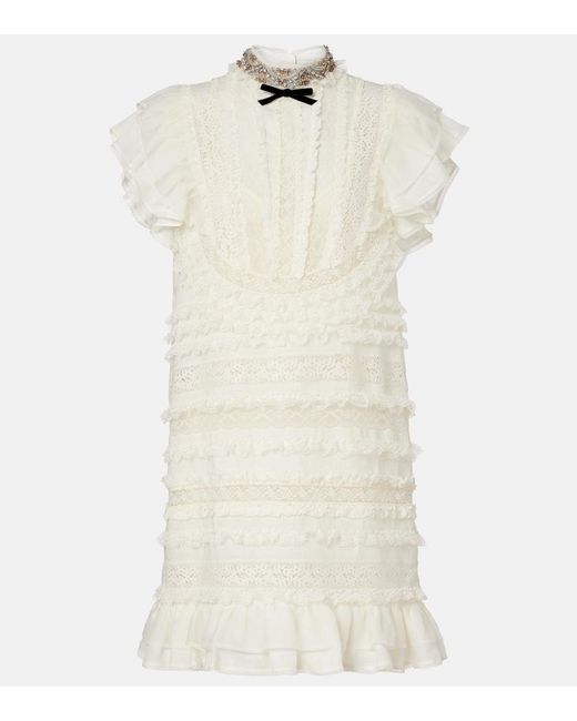 Valentino White Ruffled Lace And Linen Minidress