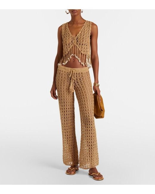 Anna Kosturova Natural Crochet Cotton Wide-Leg Pants