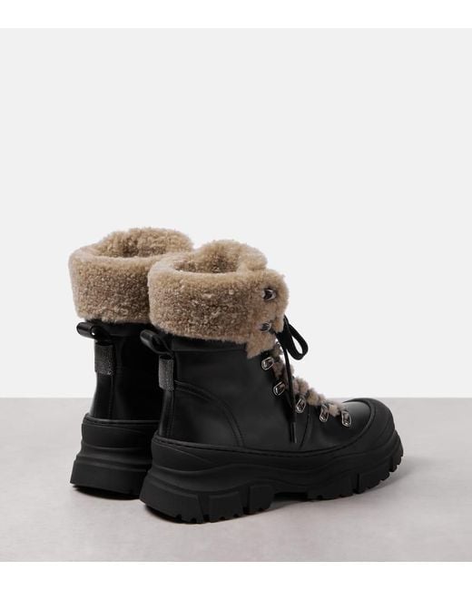 Brunello Cucinelli Black Schnuerstiefel Aus Leder Mit Shearling
