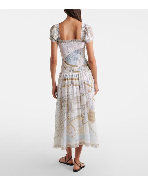 Tory Burch White Printed Shirred Silk And Cotton Midi Dress