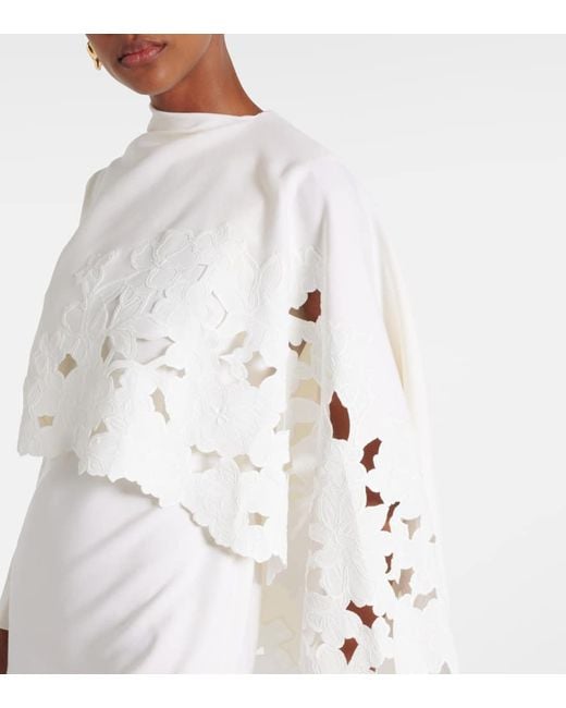 Oscar de la Renta White Cape-Detail Wool-Blend Midi Dress