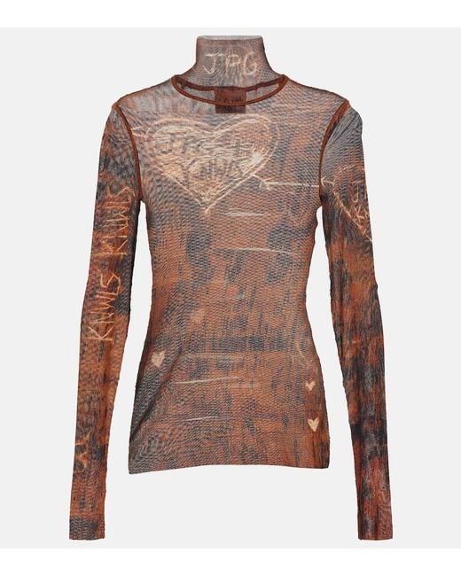 Jean Paul Gaultier Brown X Knwls Printed Mesh High-Neck Top