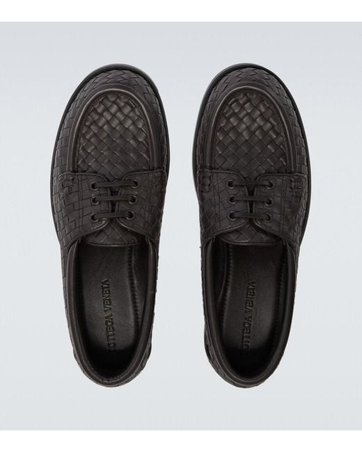 Bottega Veneta Black Pier Intrecciato Leather Boat Shoes for men