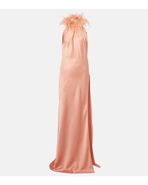 The New Arrivals Ilkyaz Ozel Orange Jazzy Feather-Trimmed Satin Gown