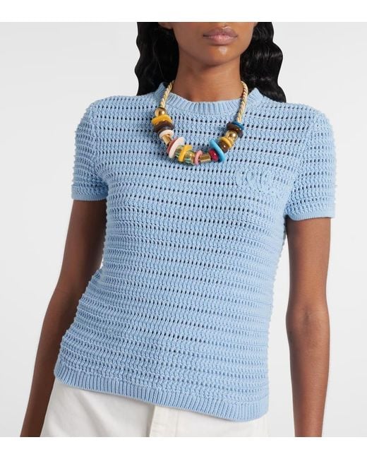 Chloé Blue Embroidered Crochet Cotton T-Shirt