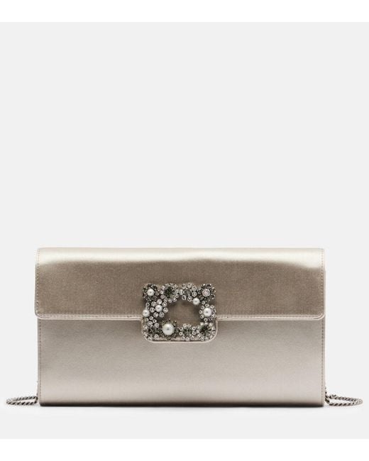 Roger Vivier Gray Envelope Embellished Satin Clutch