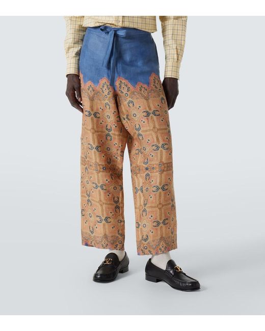 Valentino Blue Printed Linen Wide-Leg Pants for men