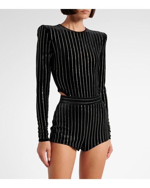 Alex Perry Black Crystal-Embellished Pinstripe Velvet Bodysuit