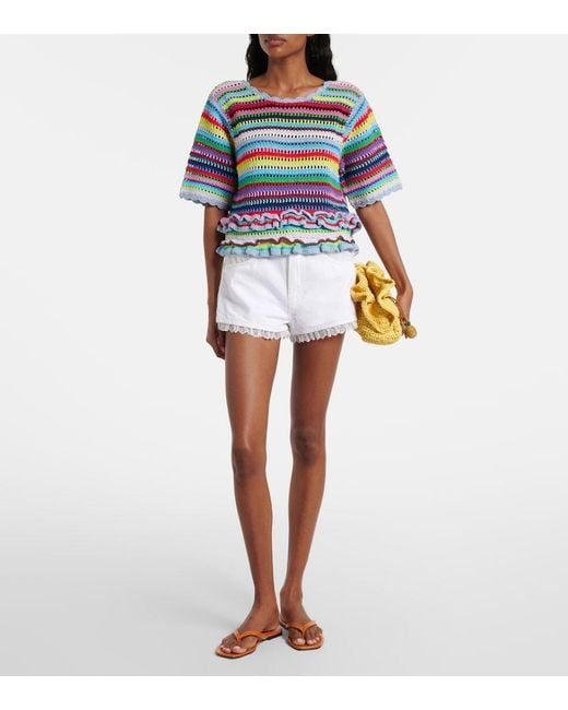 Ganni White Lace-Trimmed Denim Shorts