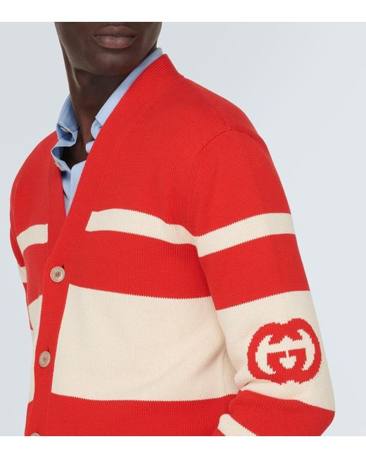 Cardigan In Cotone A Maglia Con Incrocio GG di Gucci in Red da Uomo
