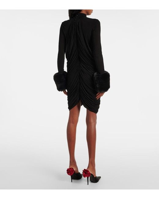 Magda Butrym Black Mesh Faux Fur-Trimmed Mini Dress