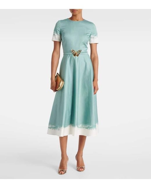 Oscar de la Renta Blue Embellished Cotton-Blend Poplin Midi Dress
