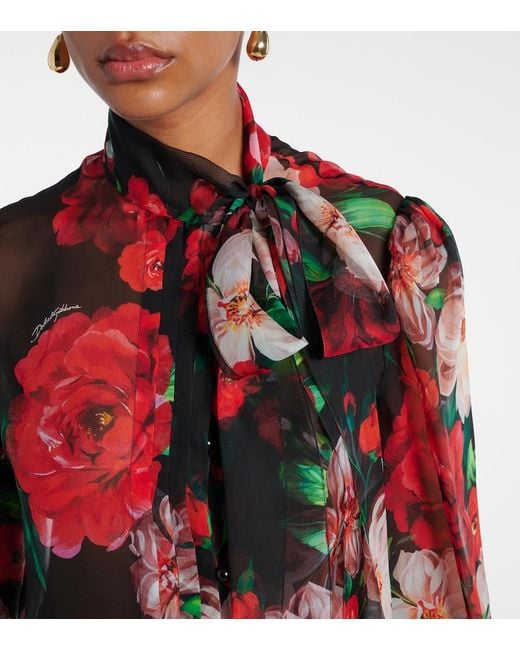 Dolce & Gabbana Red Floral Tie-Neck Silk Organza Blouse