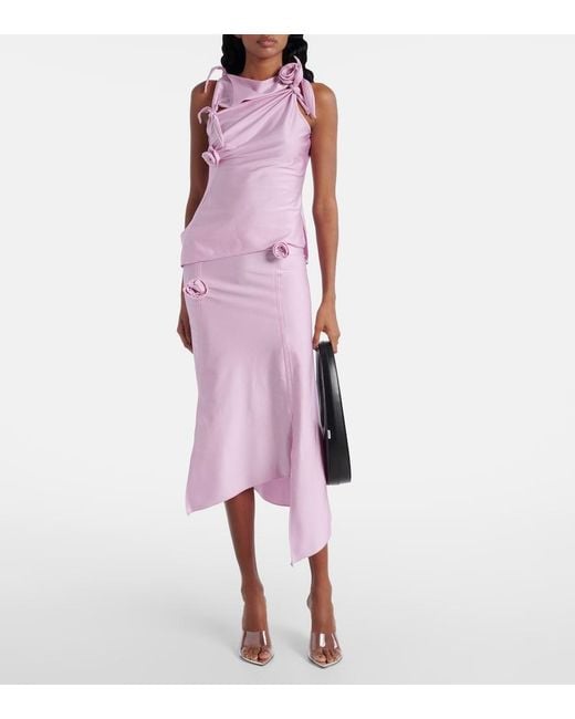 Coperni Pink Floral-Applique Satin Midi Skirt
