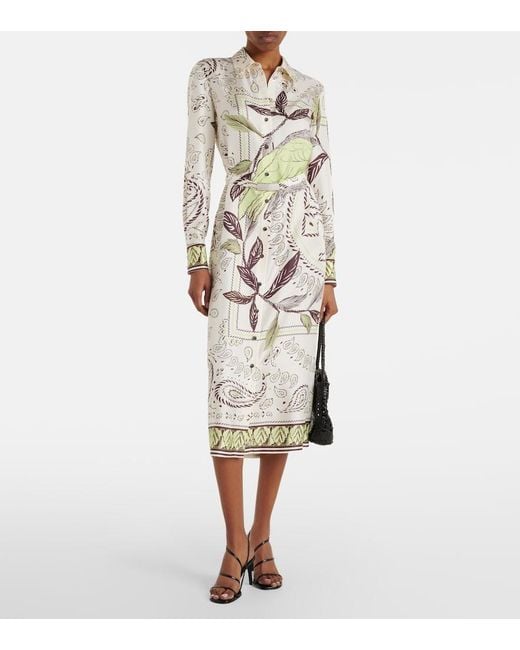Tory Burch White Belted Printed Silk Midi Dress