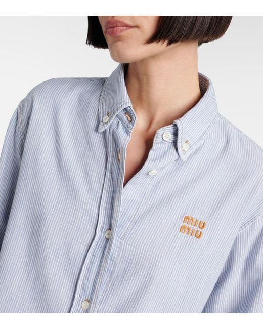 Camisa De Algodon A Rayas Con Logo Miu Miu de color Blue