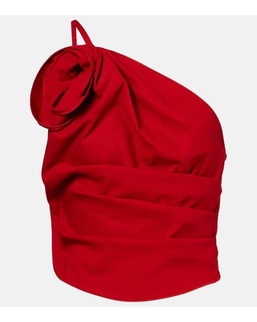 Magda Butrym Red Floral-Applique One-Shoulder Top